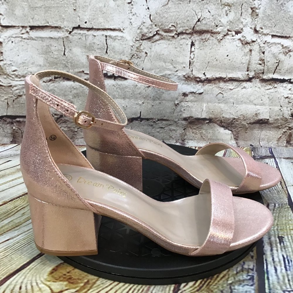 Dream Pairs Women's Metallic Pink Open Toe Ankle Strap Block Heels Size 5.5
